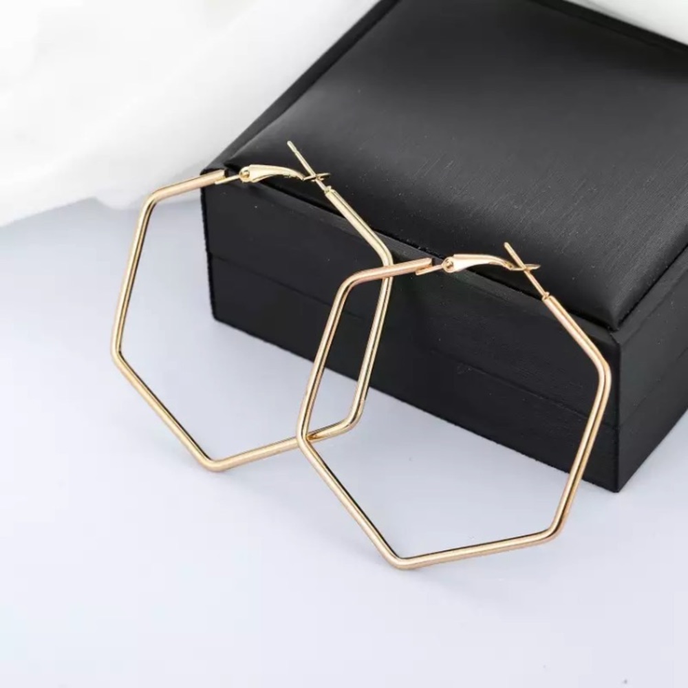 Hexagon Hoop Large Minimalist Geometric Earrings - Picture 3 of 7